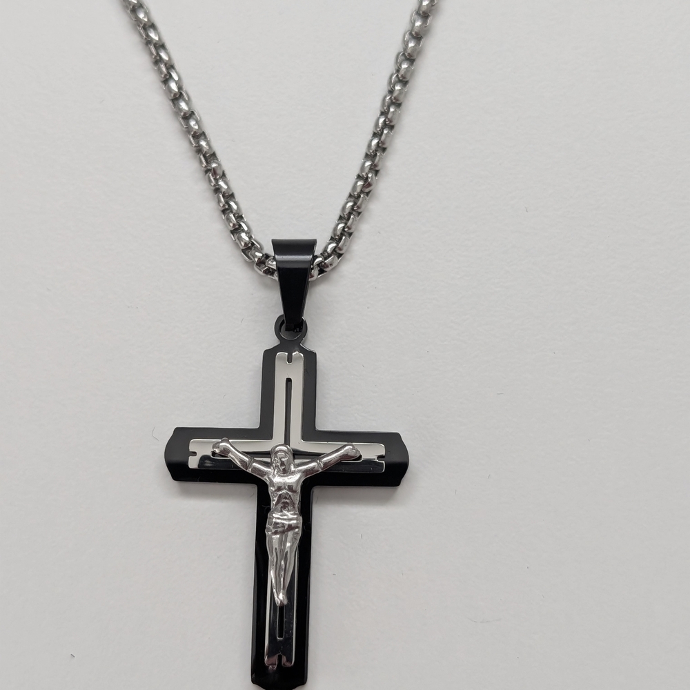 Silver and Black Cross Pendant Necklace